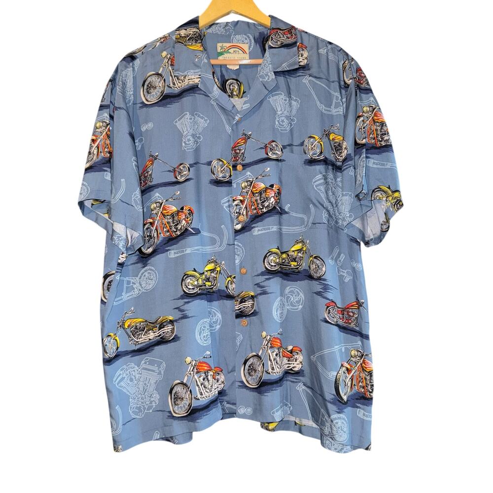Vintage Paradise Found Hawaii Motorcycle Button Up‎ Shirt 2XL Made Hawaii Aloha